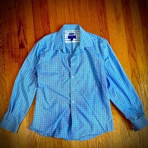 Egara blue plaid dress shirt. Reversible cuffs with contrasting pattern. Size L